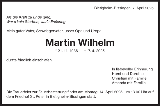 Traueranzeige von Martin Wilhelm von Bietigheimer Zeitung