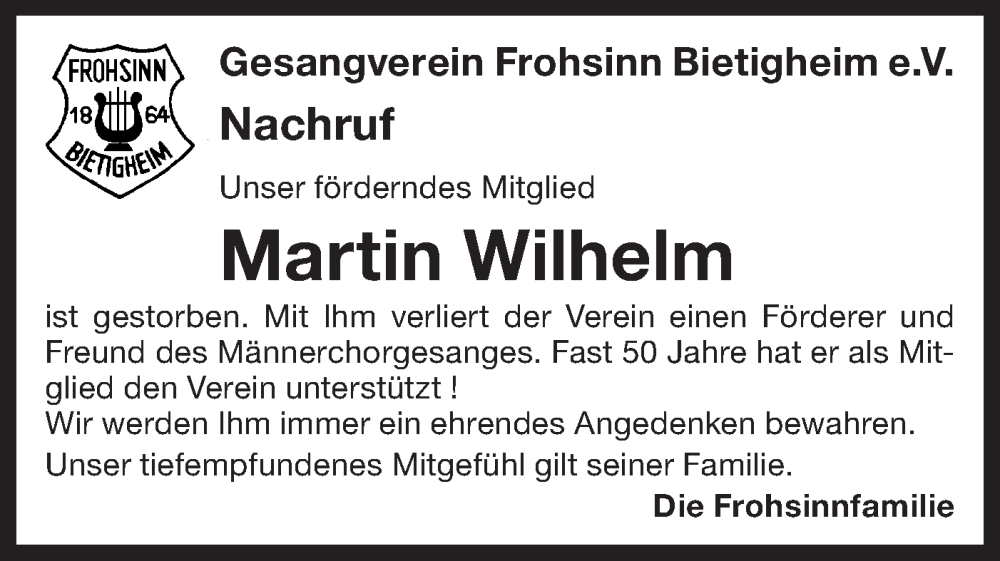  Traueranzeige für Martin Wilhelm vom 12.04.2025 aus Bietigheimer Zeitung