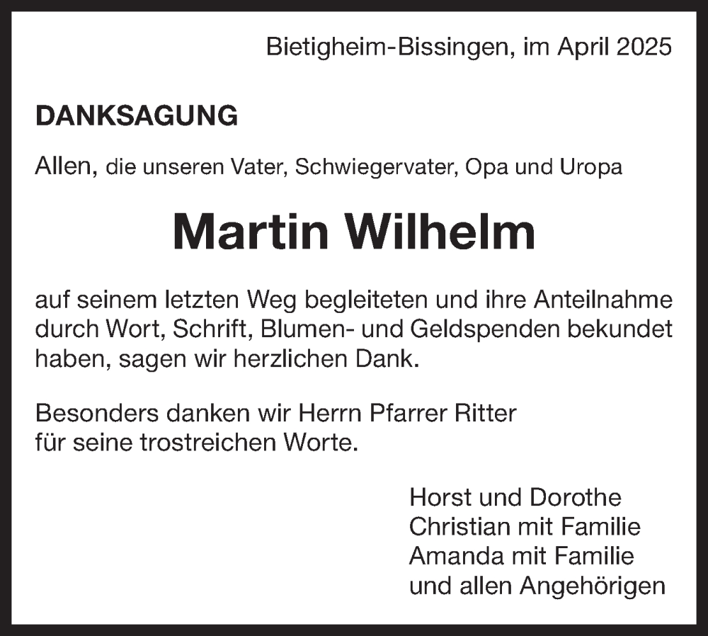  Traueranzeige für Martin Wilhelm vom 19.04.2025 aus Bietigheimer Zeitung