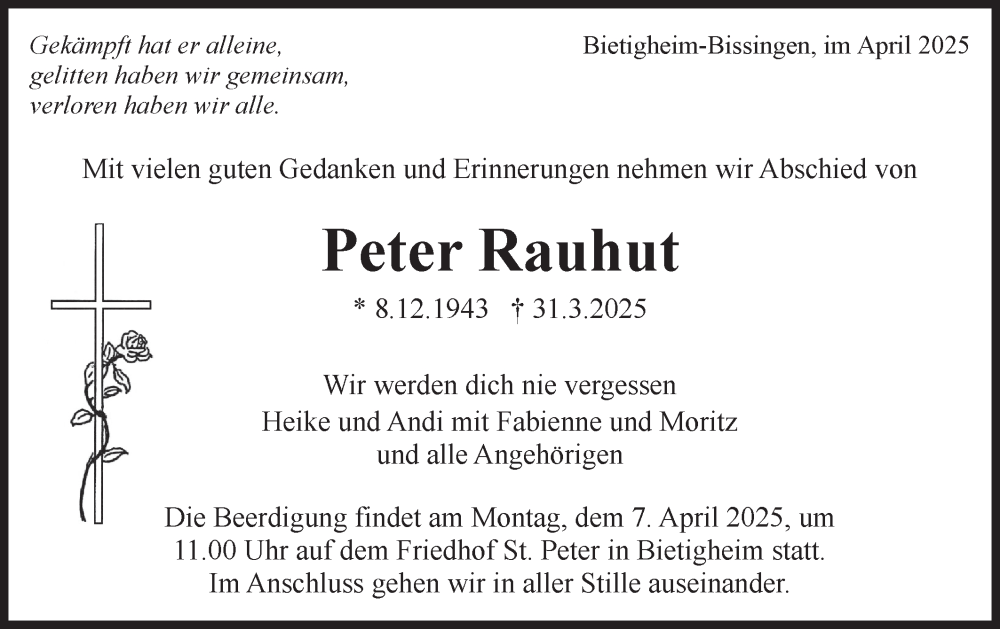  Traueranzeige für Peter Rauhut vom 04.04.2025 aus Bietigheimer Zeitung