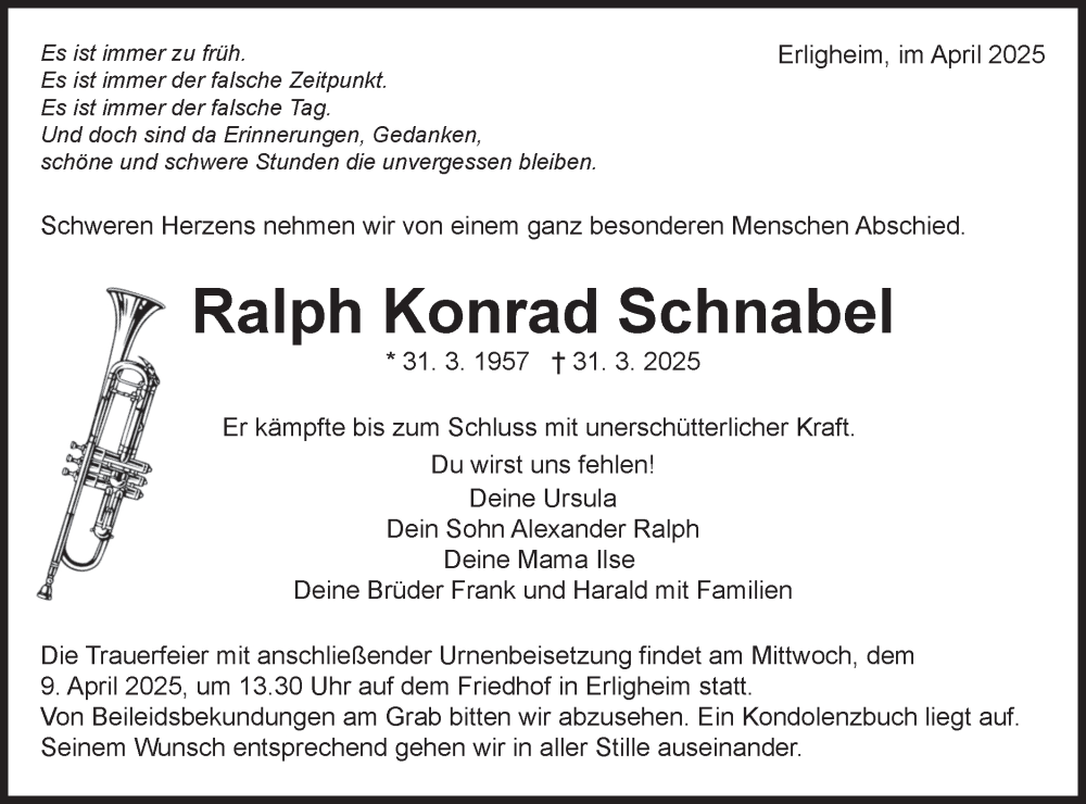  Traueranzeige für Ralph Konrad Schnabel vom 08.04.2025 aus Bietigheimer Zeitung
