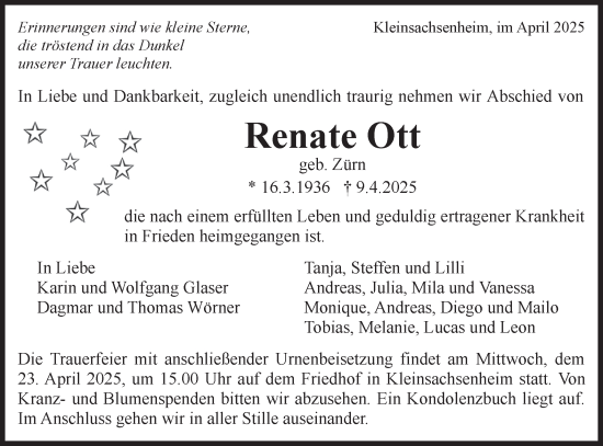 Traueranzeige von Renate Ott von Bietigheimer Zeitung