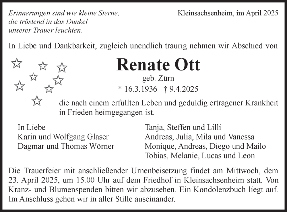  Traueranzeige für Renate Ott vom 17.04.2025 aus Bietigheimer Zeitung