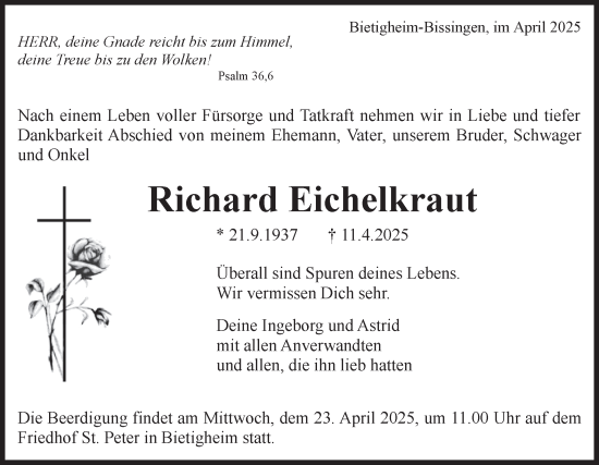 Traueranzeige von Richard Eichelkraut von Bietigheimer Zeitung