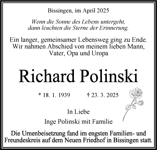 Traueranzeige von Richard Polinski von Bietigheimer Zeitung