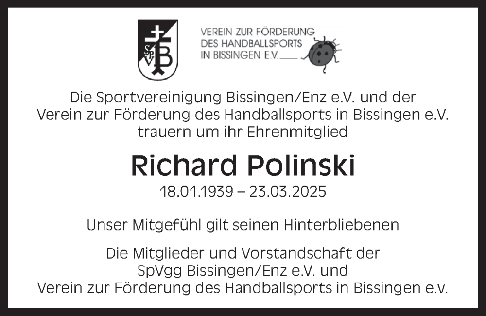  Traueranzeige für Richard Polinski vom 19.04.2025 aus Bietigheimer Zeitung
