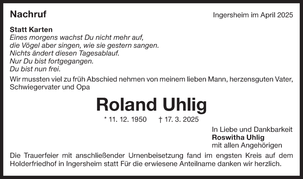  Traueranzeige für Roland Uhlig vom 12.04.2025 aus Bietigheimer Zeitung