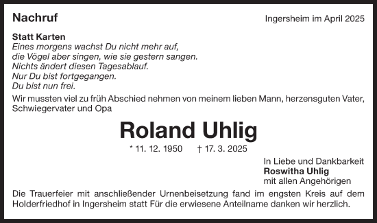 Traueranzeige von Roland Uhlig von Bietigheimer Zeitung