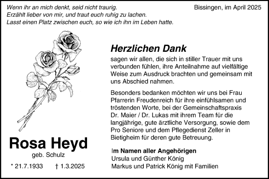 Traueranzeige von Rosa Heyd von Bietigheimer Zeitung