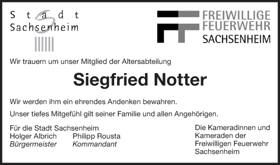 Traueranzeige von Siegfried Notter von Bietigheimer Zeitung