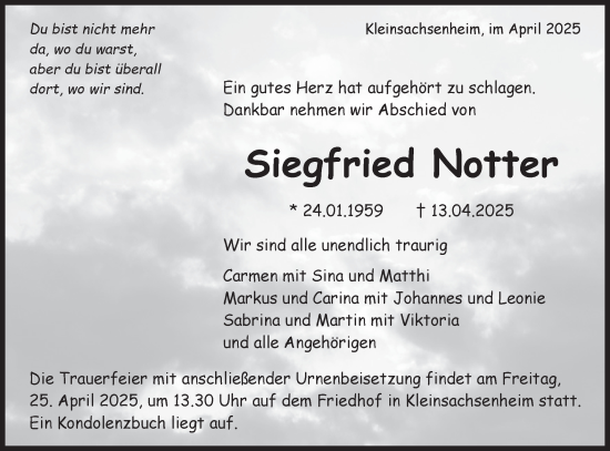 Traueranzeige von Siegfried Notter von Bietigheimer Zeitung