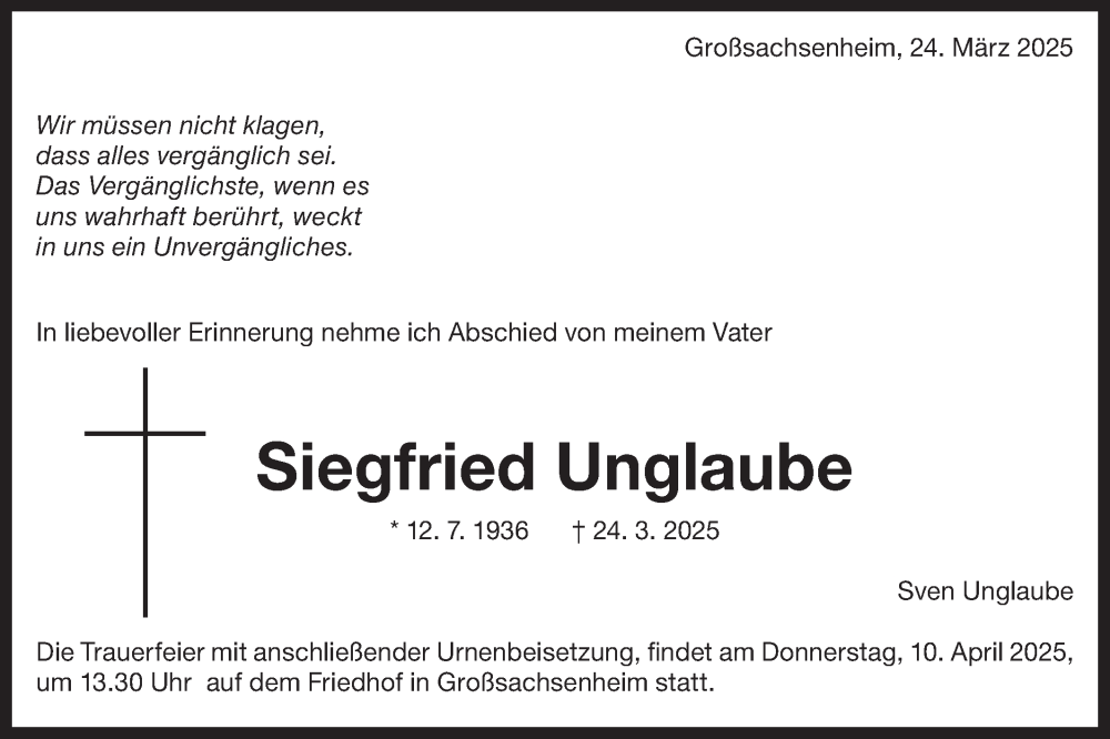  Traueranzeige für Siegfried Unglaube vom 05.04.2025 aus Bietigheimer Zeitung