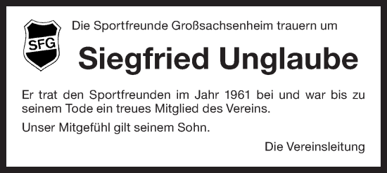 Traueranzeige von Siegfried Unglaube von Bietigheimer Zeitung