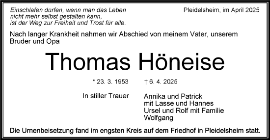 Traueranzeige von Thomas Höneise von Bietigheimer Zeitung