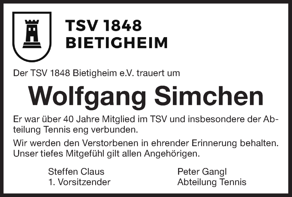  Traueranzeige für Wolfgang Simchen vom 10.04.2025 aus Bietigheimer Zeitung