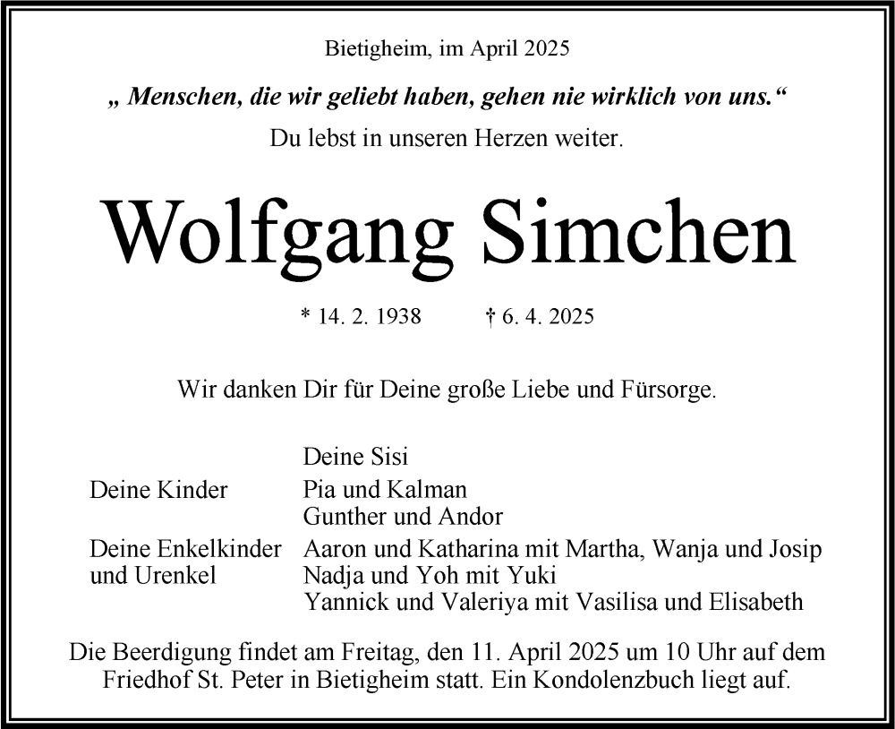  Traueranzeige für Wolfgang Simchen vom 09.04.2025 aus Bietigheimer Zeitung