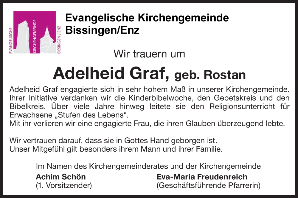  Traueranzeige für Adelheid Graf vom 10.05.2025 aus Bietigheimer Zeitung