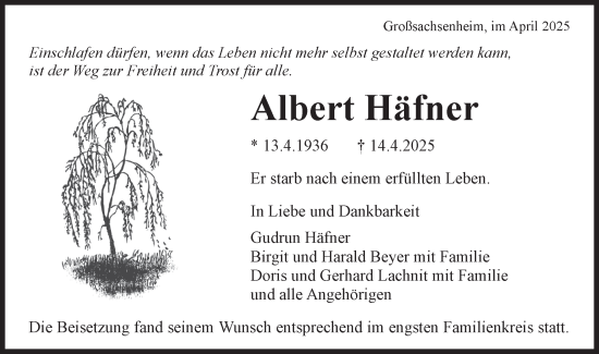 Traueranzeige von Albert Häfner von Bietigheimer Zeitung