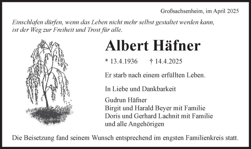  Traueranzeige für Albert Häfner vom 10.05.2025 aus Bietigheimer Zeitung