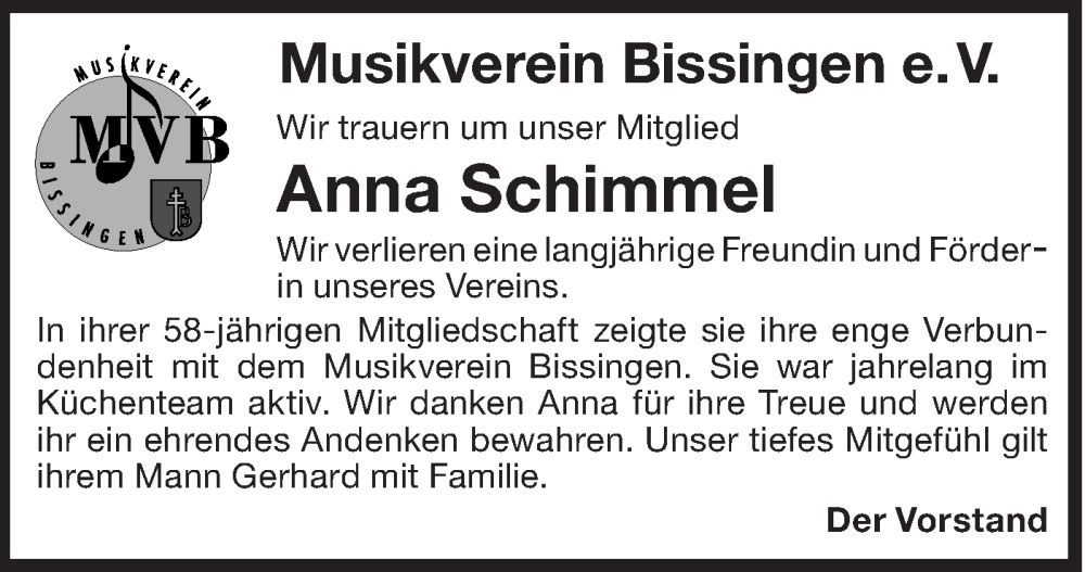  Traueranzeige für Anna Schimmel vom 13.05.2025 aus Bietigheimer Zeitung