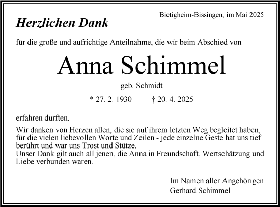 Traueranzeige von Anna Schimmel von Bietigheimer Zeitung