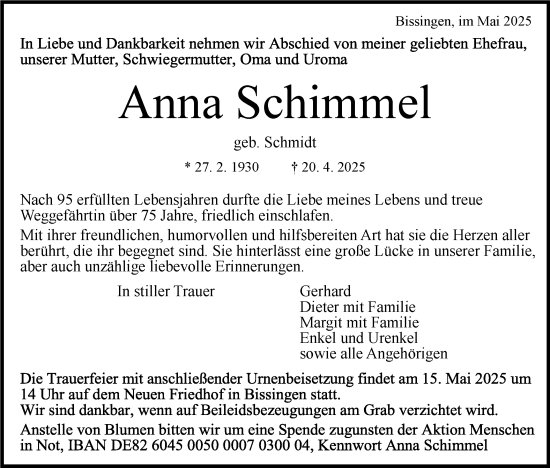 Traueranzeige von Anna Schimmel von Bietigheimer Zeitung