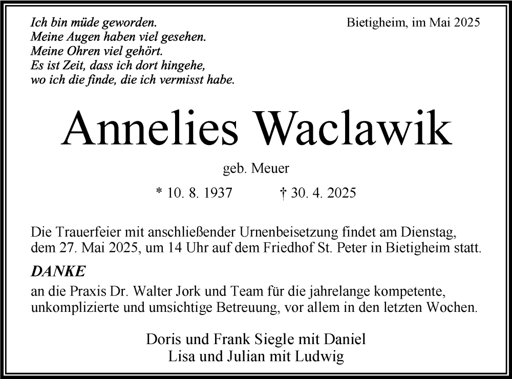  Traueranzeige für Annelies Waclawik vom 17.05.2025 aus Bietigheimer Zeitung