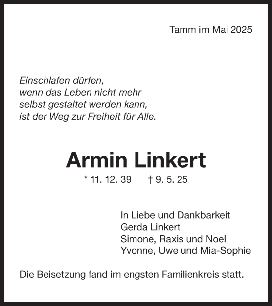 Traueranzeige von Armin Linkert von Bietigheimer Zeitung