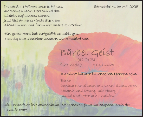 Traueranzeige von Bärbel Geist von Bietigheimer Zeitung