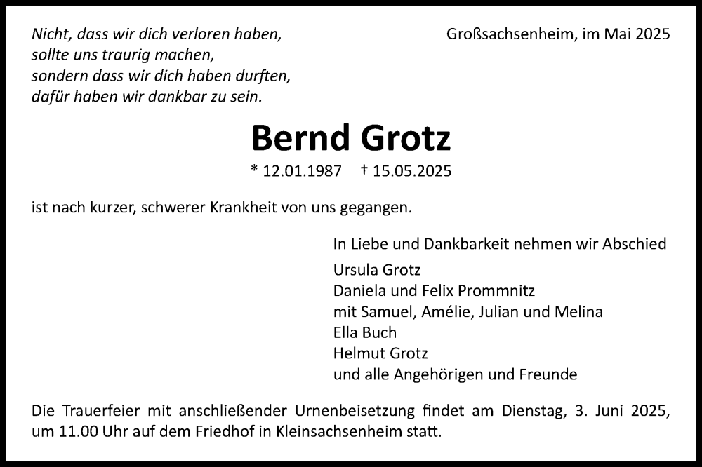  Traueranzeige für Bernd Grotz vom 30.05.2025 aus Bietigheimer Zeitung