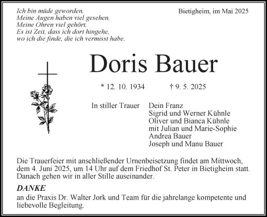 Traueranzeige von Doris Bauer von Bietigheimer Zeitung