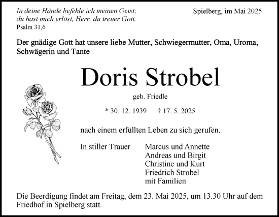 Traueranzeige von Doris Strobel von Bietigheimer Zeitung