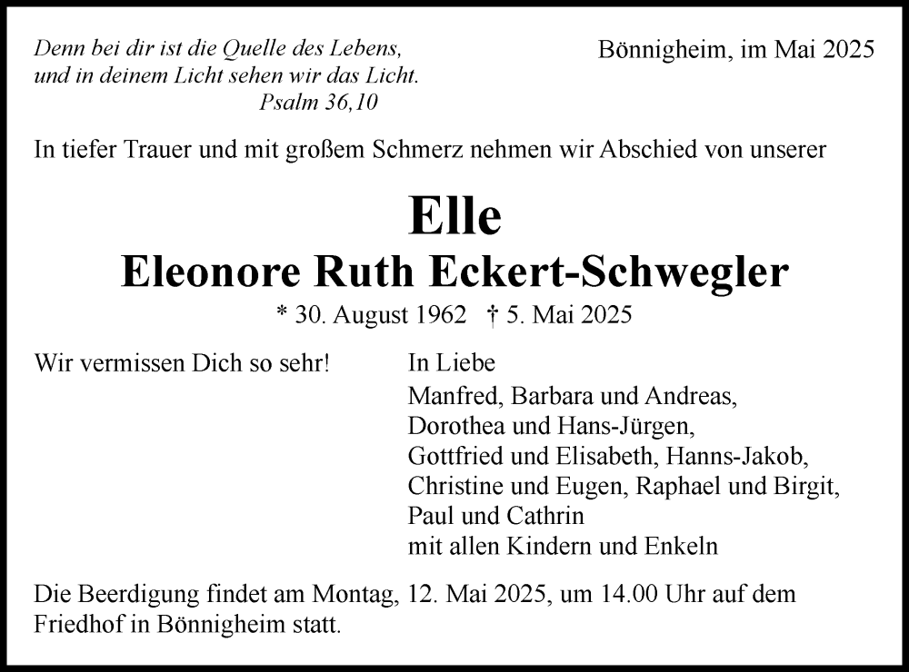  Traueranzeige für Eleonore Ruth Eckert-Schwegler vom 09.05.2025 aus Bietigheimer Zeitung