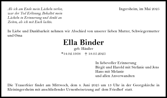 Traueranzeige von Ella Binder von Bietigheimer Zeitung
