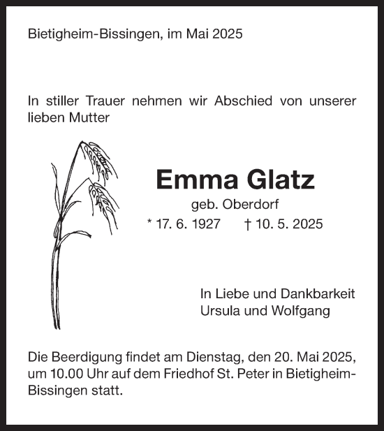 Traueranzeige von Emma Glatz von Bietigheimer Zeitung