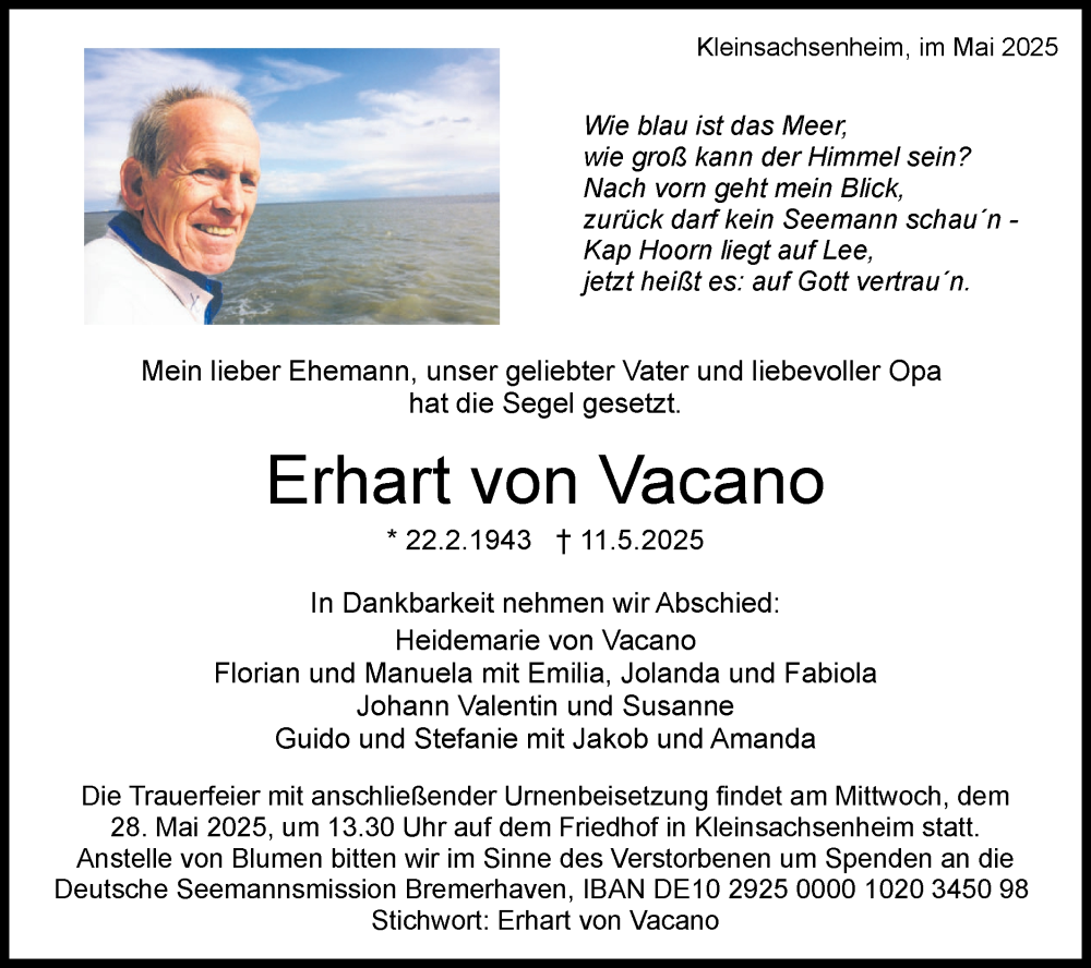  Traueranzeige für Erhart von Vacano vom 17.05.2025 aus Bietigheimer Zeitung