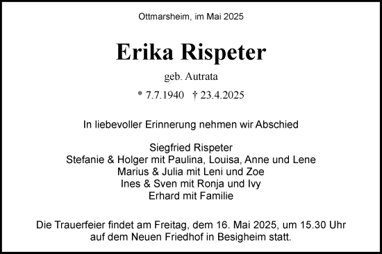 Traueranzeige von Erika Rispeter von Bietigheimer Zeitung
