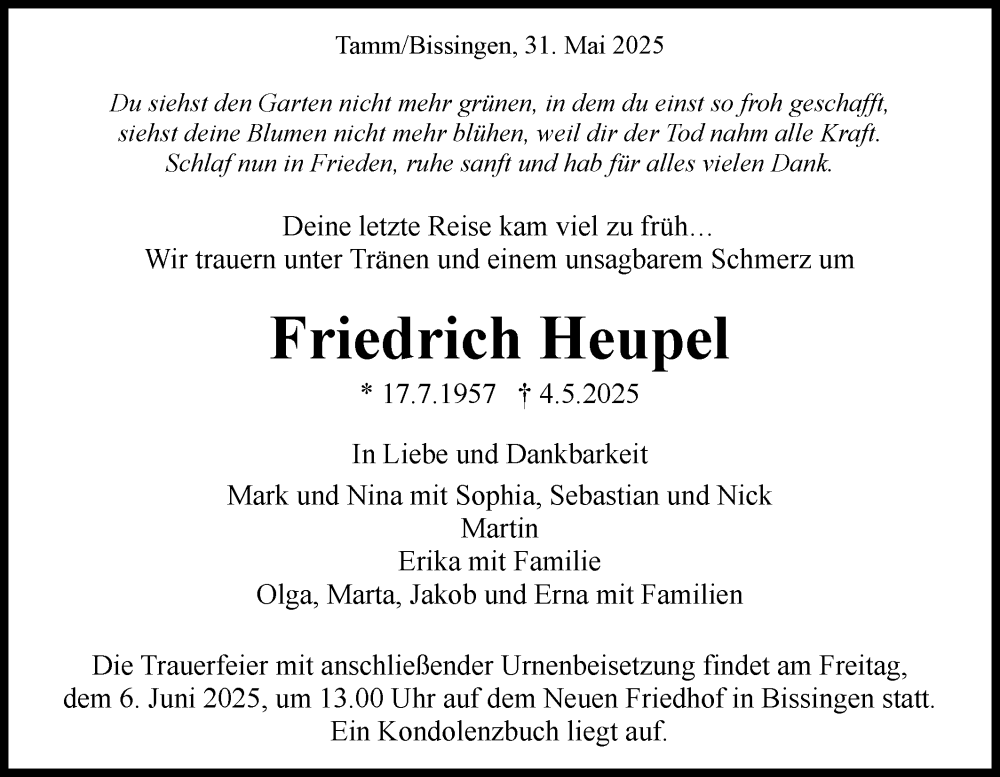  Traueranzeige für Friedrich Heupel vom 31.05.2025 aus Bietigheimer Zeitung