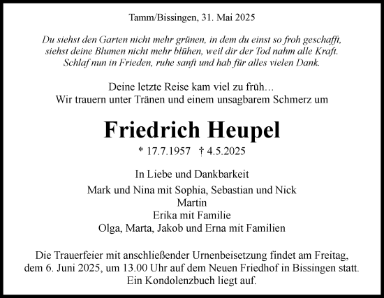 Traueranzeige von Friedrich Heupel von Bietigheimer Zeitung