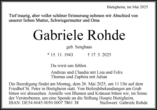 Traueranzeige von Gabriele Rohde von Bietigheimer Zeitung
