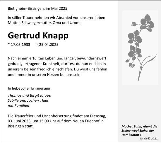 Traueranzeige von Gertrud Knapp von Bietigheimer Zeitung
