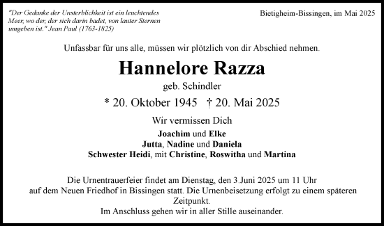 Traueranzeige von Hannelore Razza von Bietigheimer Zeitung