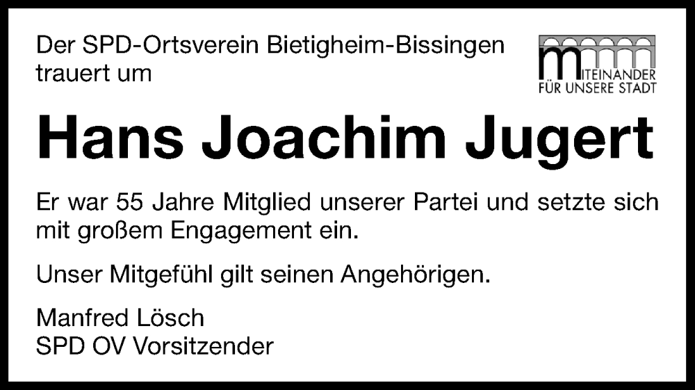  Traueranzeige für Hans Joachim Jugert vom 21.05.2025 aus Bietigheimer Zeitung