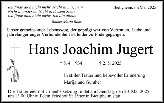 Traueranzeige von Hans Joachim Jugert von Bietigheimer Zeitung
