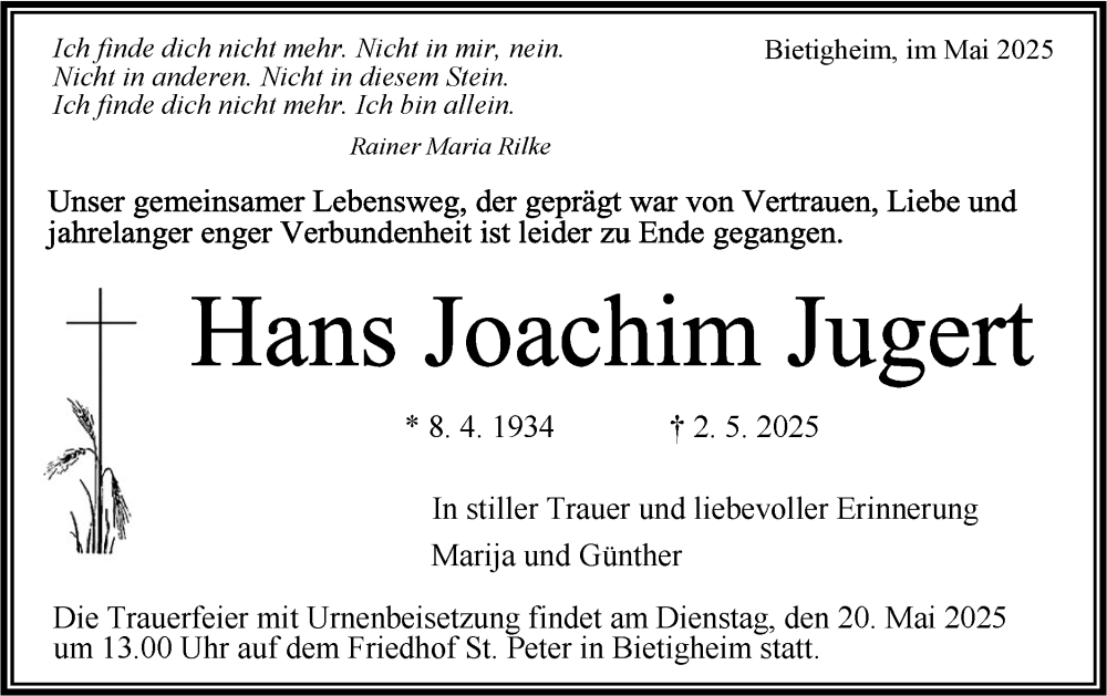  Traueranzeige für Hans Joachim Jugert vom 17.05.2025 aus Bietigheimer Zeitung