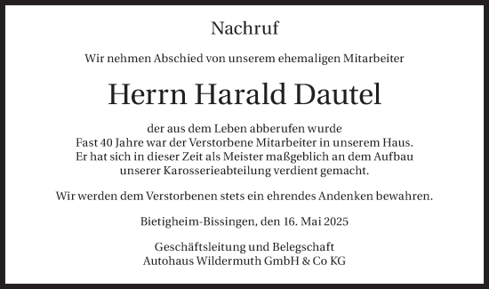 Traueranzeige von Harald Dautel von Bietigheimer Zeitung