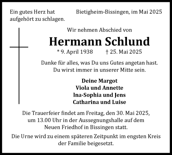 Traueranzeige von Hermann Schlund von Bietigheimer Zeitung