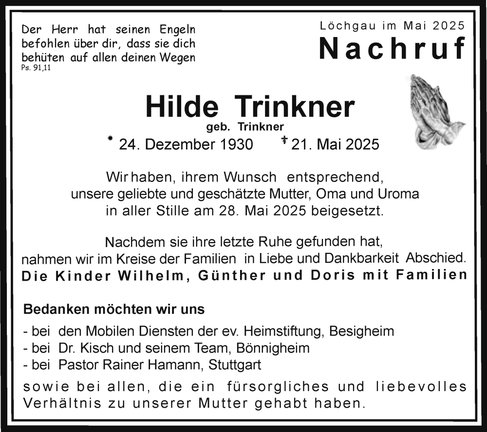  Traueranzeige für Hilde Trinkner vom 31.05.2025 aus Bietigheimer Zeitung