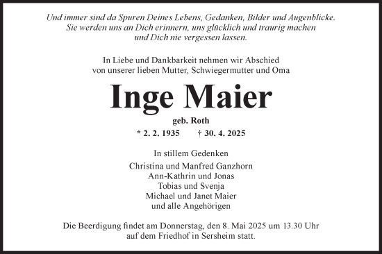 Traueranzeige von Inge Maier von Bietigheimer Zeitung