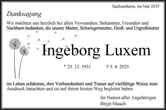 Traueranzeige von Ingeborg Luxem von Bietigheimer Zeitung